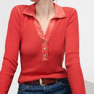 Red Ribbed Long Sleeve Top with Button Detail
